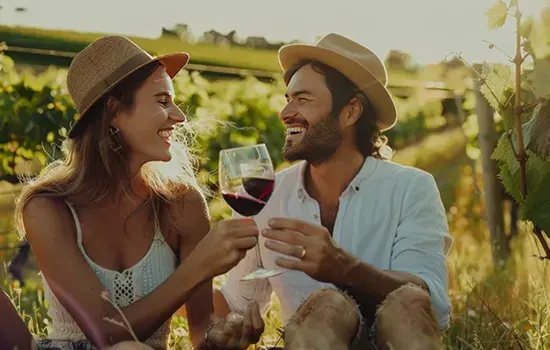 A couple raising glasses of red wine among the vines on a winery tour